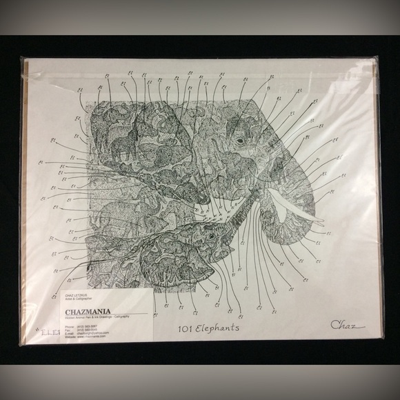 Hidden Image Ink Drawing ELEPHANTASY Signed by Artist Chaz Letzkus Elephants - Picture 4 of 6